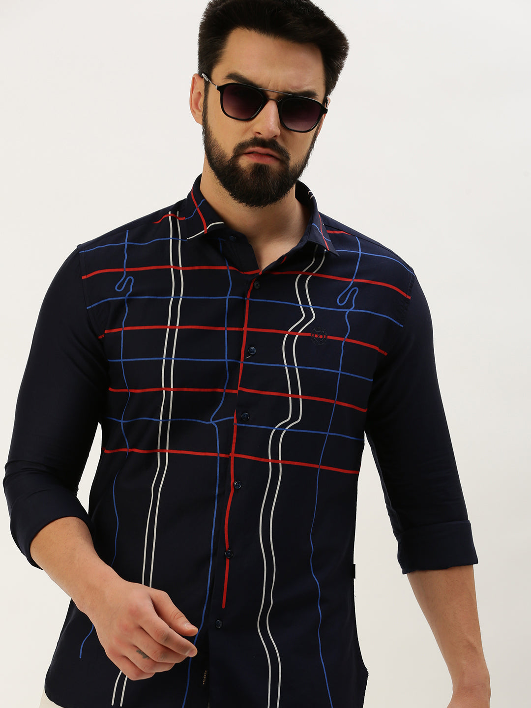 Men Spread Collar Printed Navy Blue Shirt