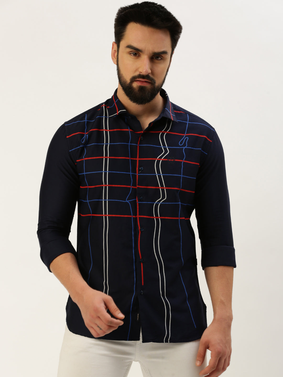 Men Spread Collar Printed Navy Blue Shirt