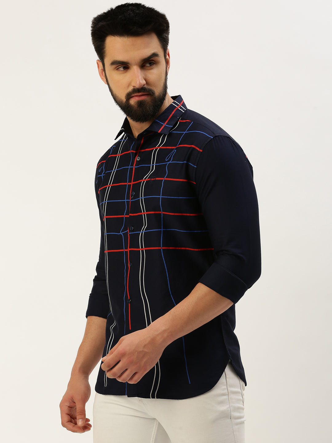 Men Spread Collar Printed Navy Blue Shirt