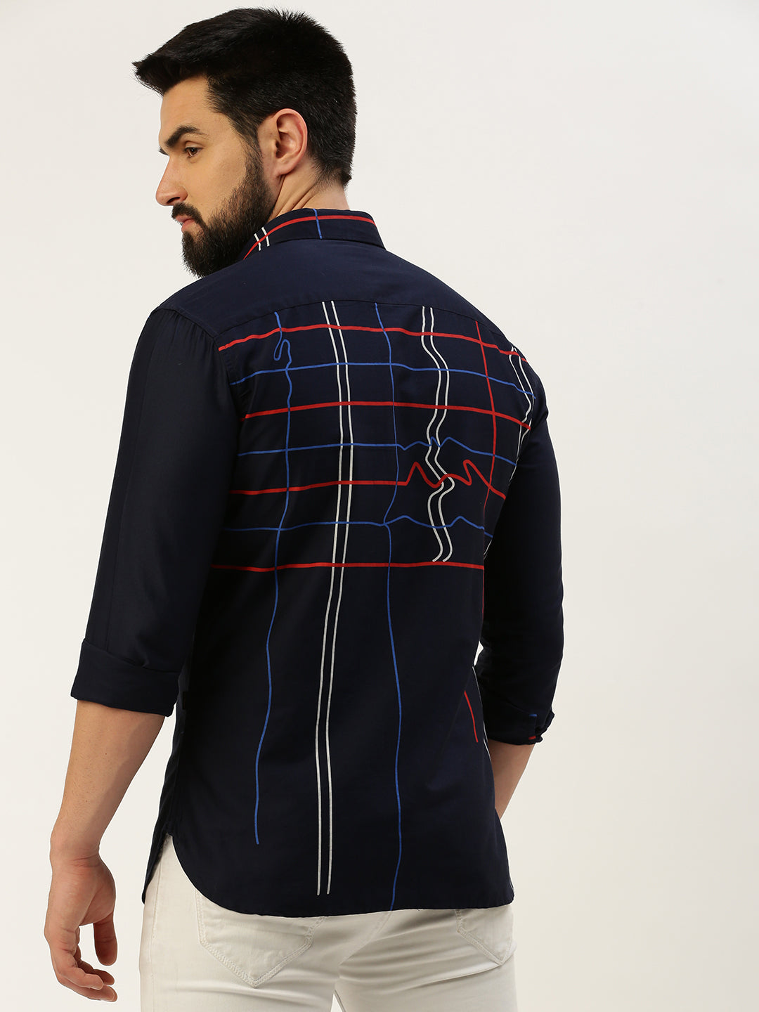 Men Spread Collar Printed Navy Blue Shirt