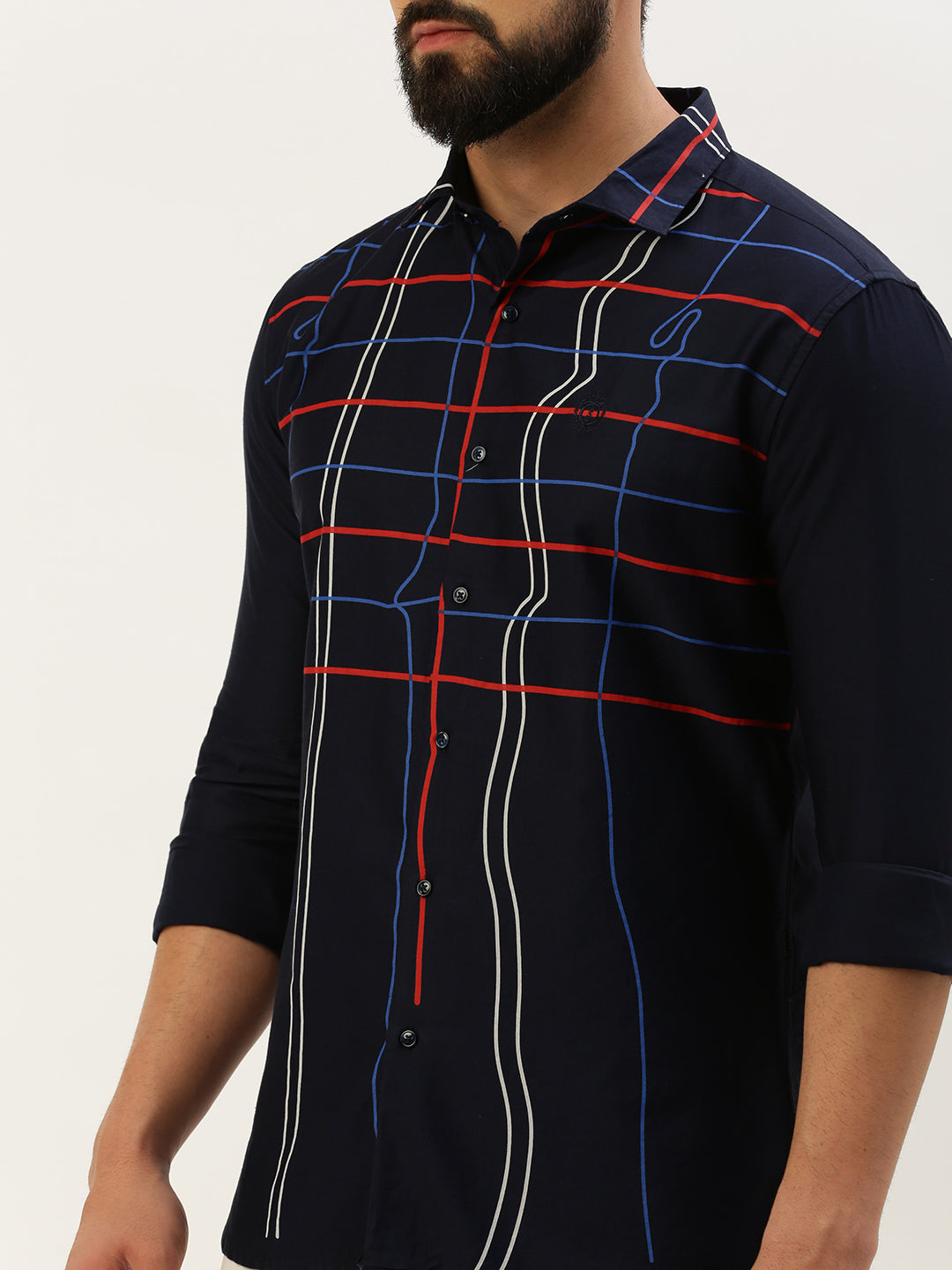 Men Spread Collar Printed Navy Blue Shirt