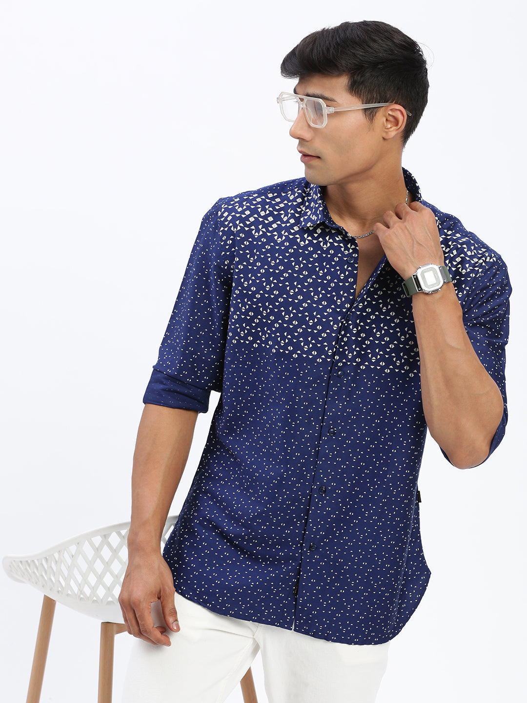 Men Micro Print Navy Blue Slim Fit Shirt