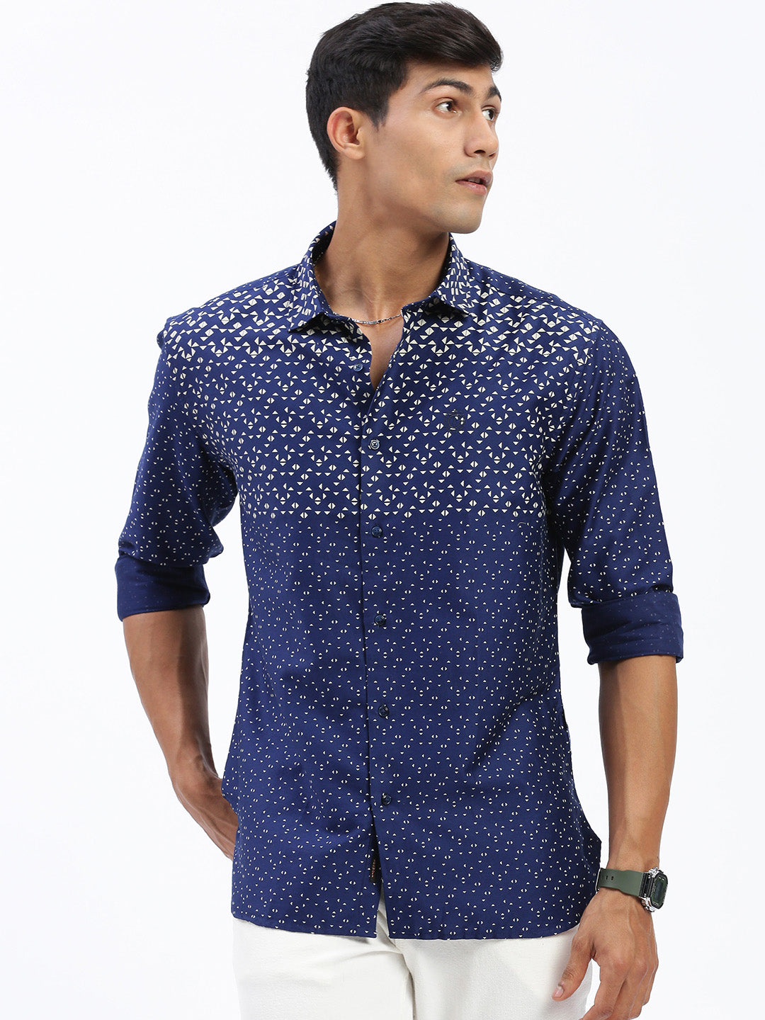 Men Micro Print Navy Blue Slim Fit Shirt