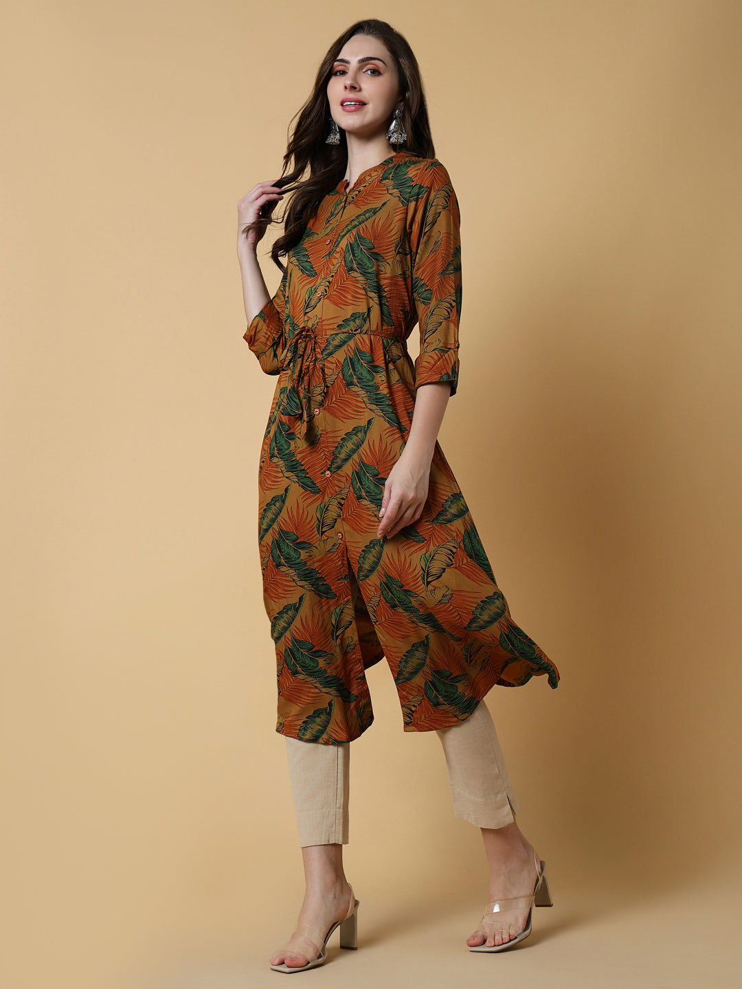 Women Brown Floral A-Line Kurta