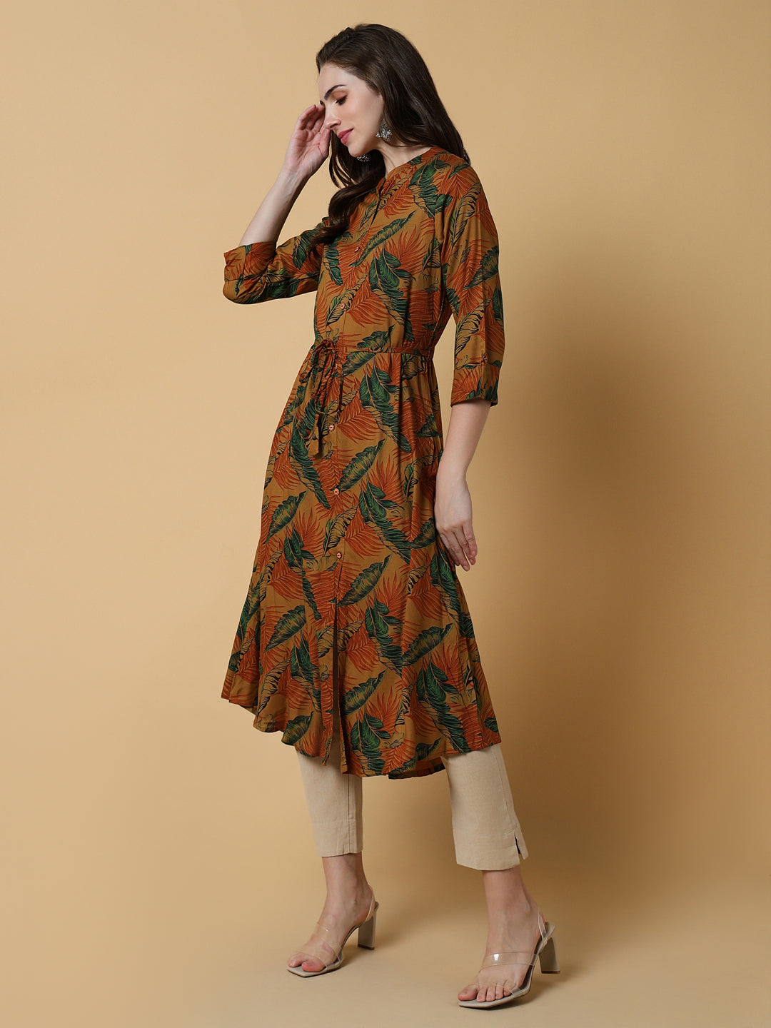 Women Brown Floral A-Line Kurta