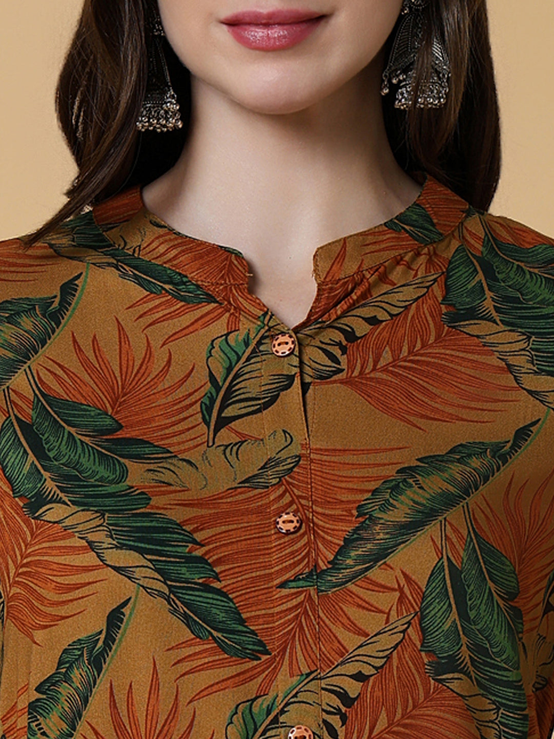 Women Brown Floral A-Line Kurta