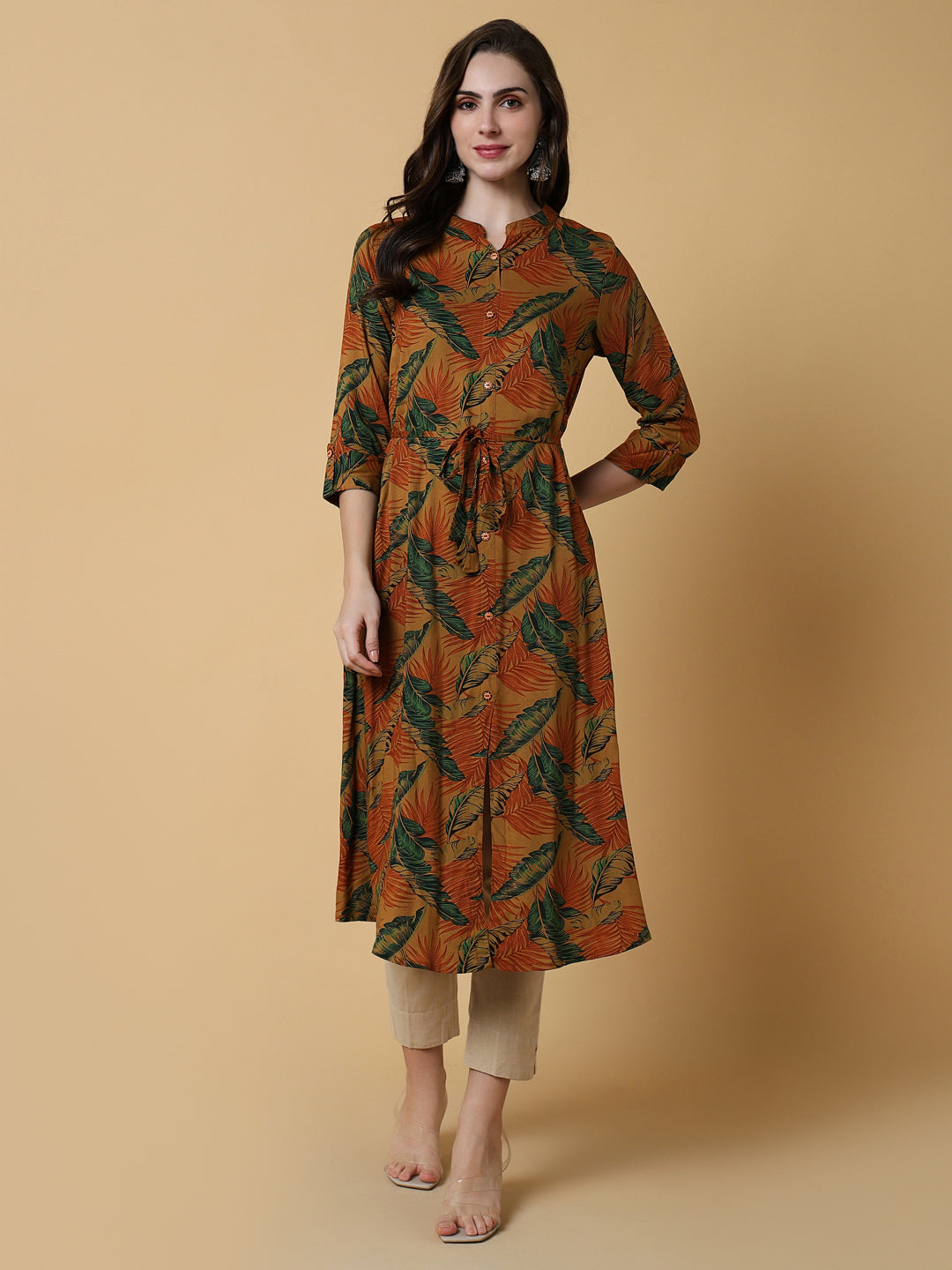 Women Brown Floral A-Line Kurta