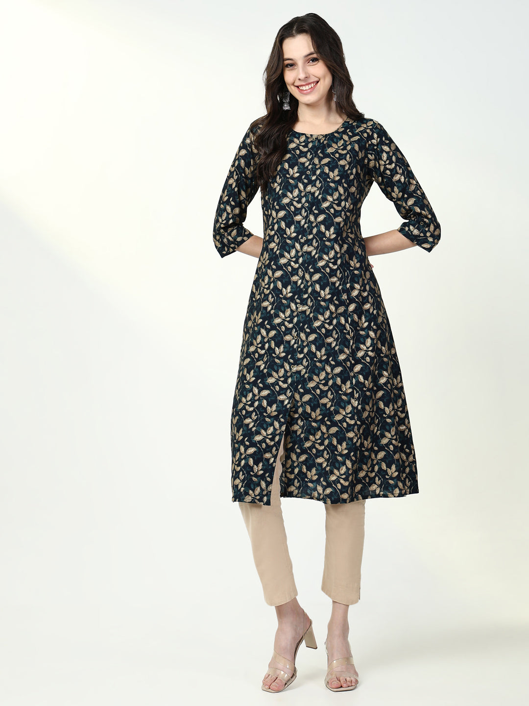 Women Teal Floral Straight Kurta