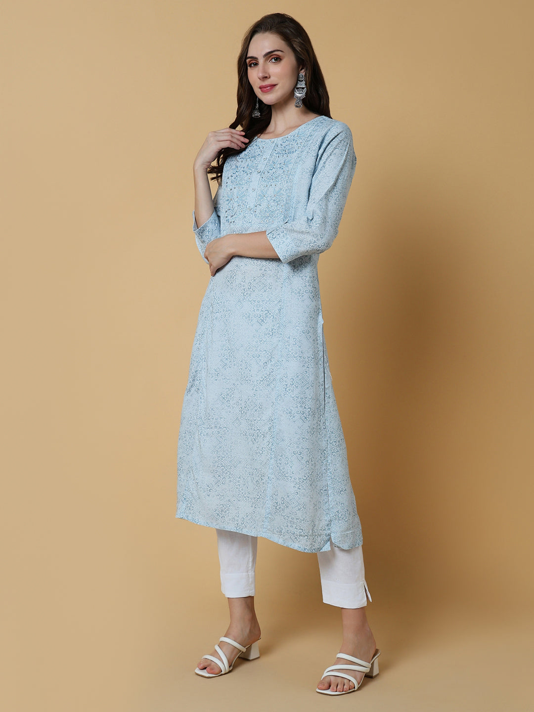 Women Blue Graphic Straight Kurta