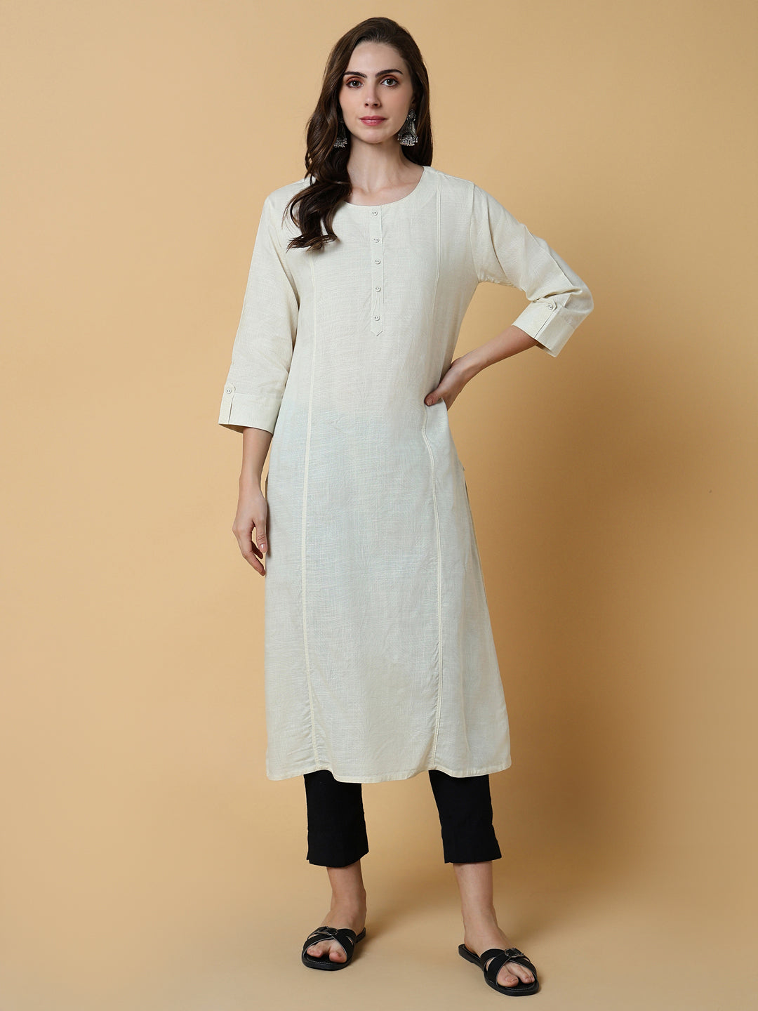 Women Cream Abstract Straight Kurta