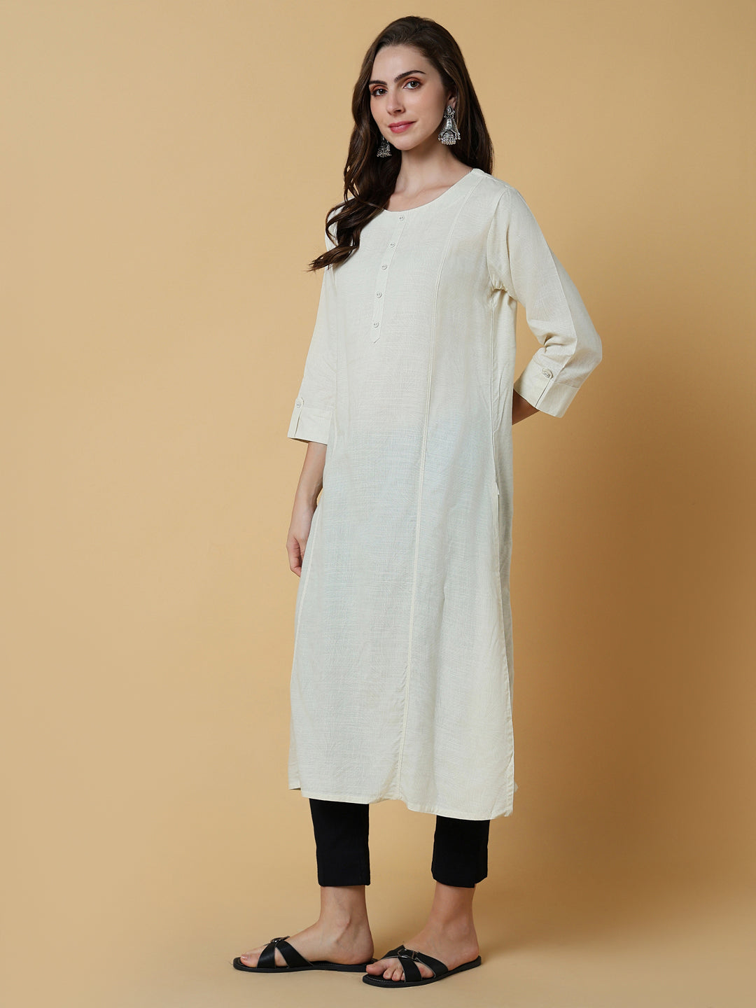 Women Cream Abstract Straight Kurta