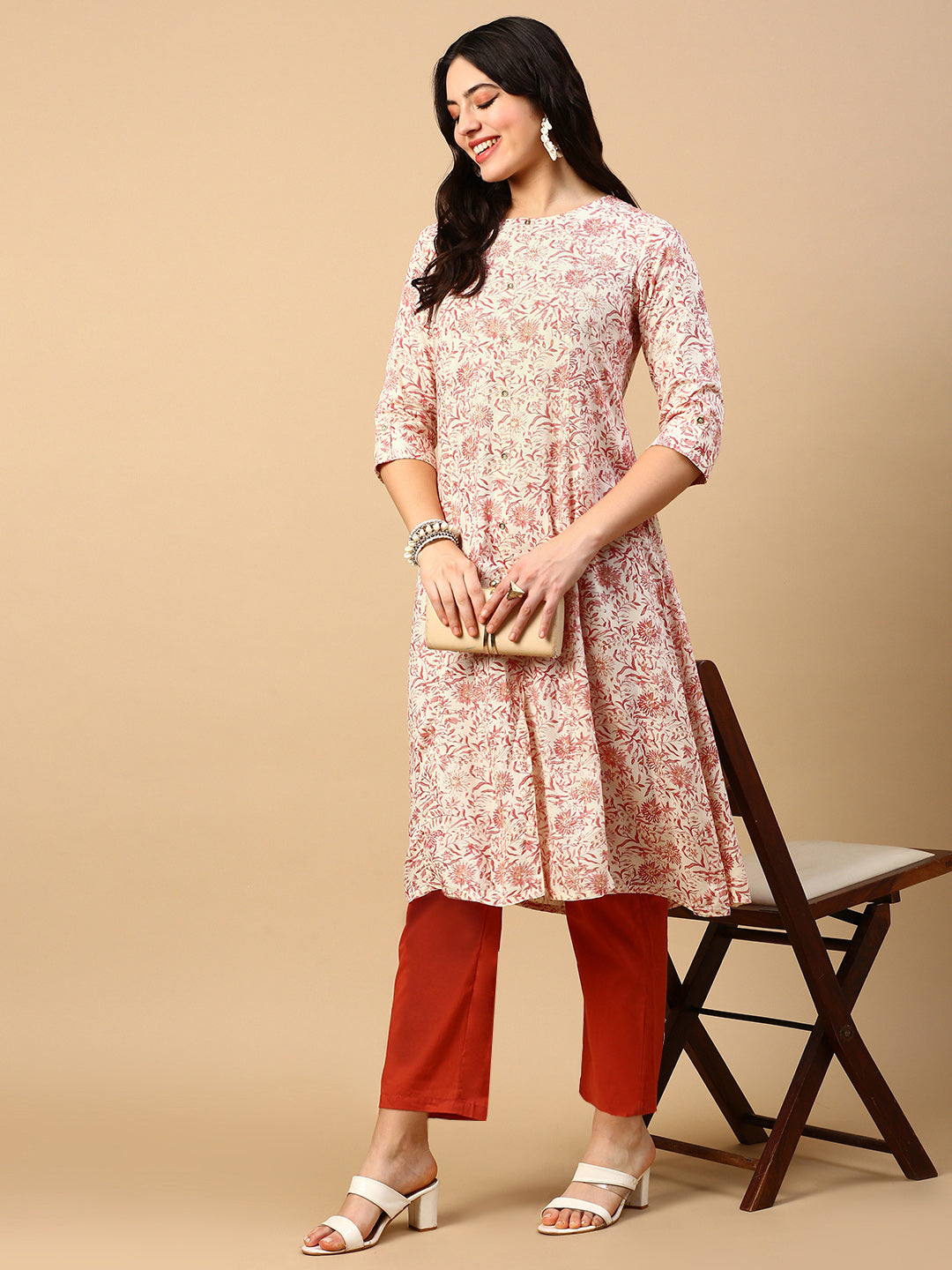 Women Cream Floral A Line Kurta