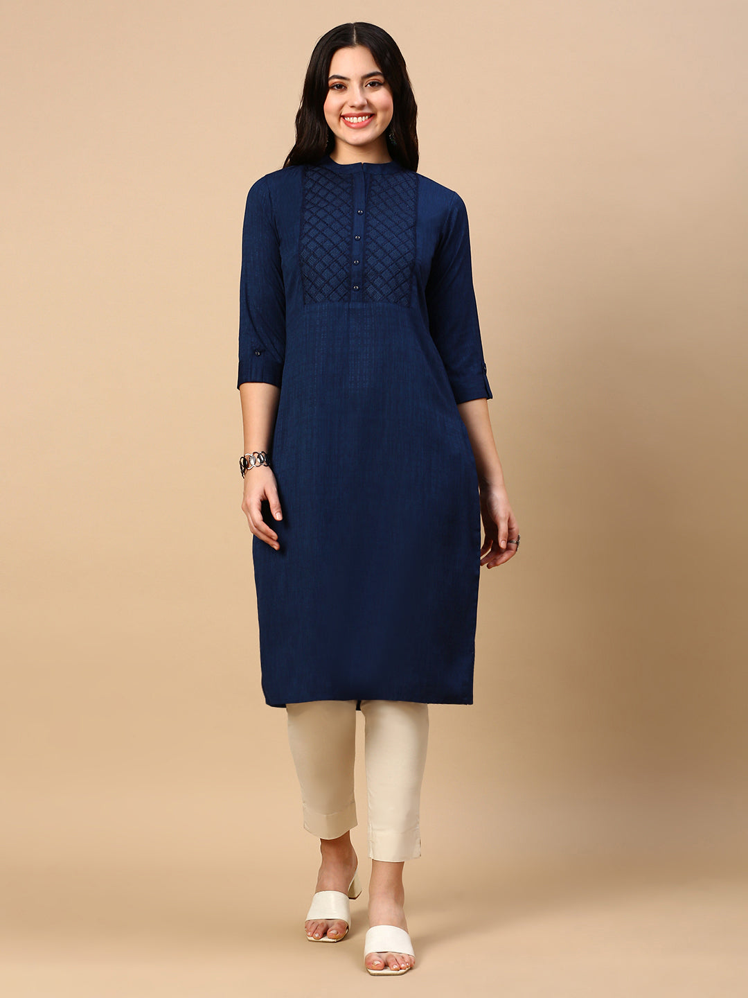 Women Navy Blue Solid Straight Kurta