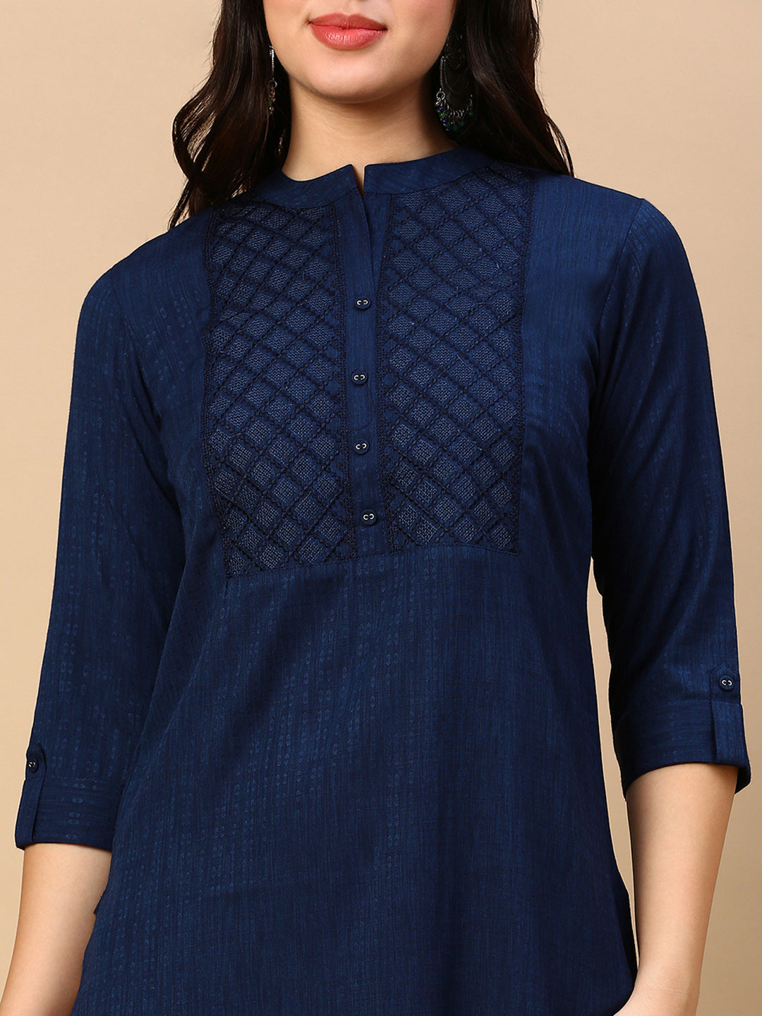 Women Navy Blue Solid Straight Kurta