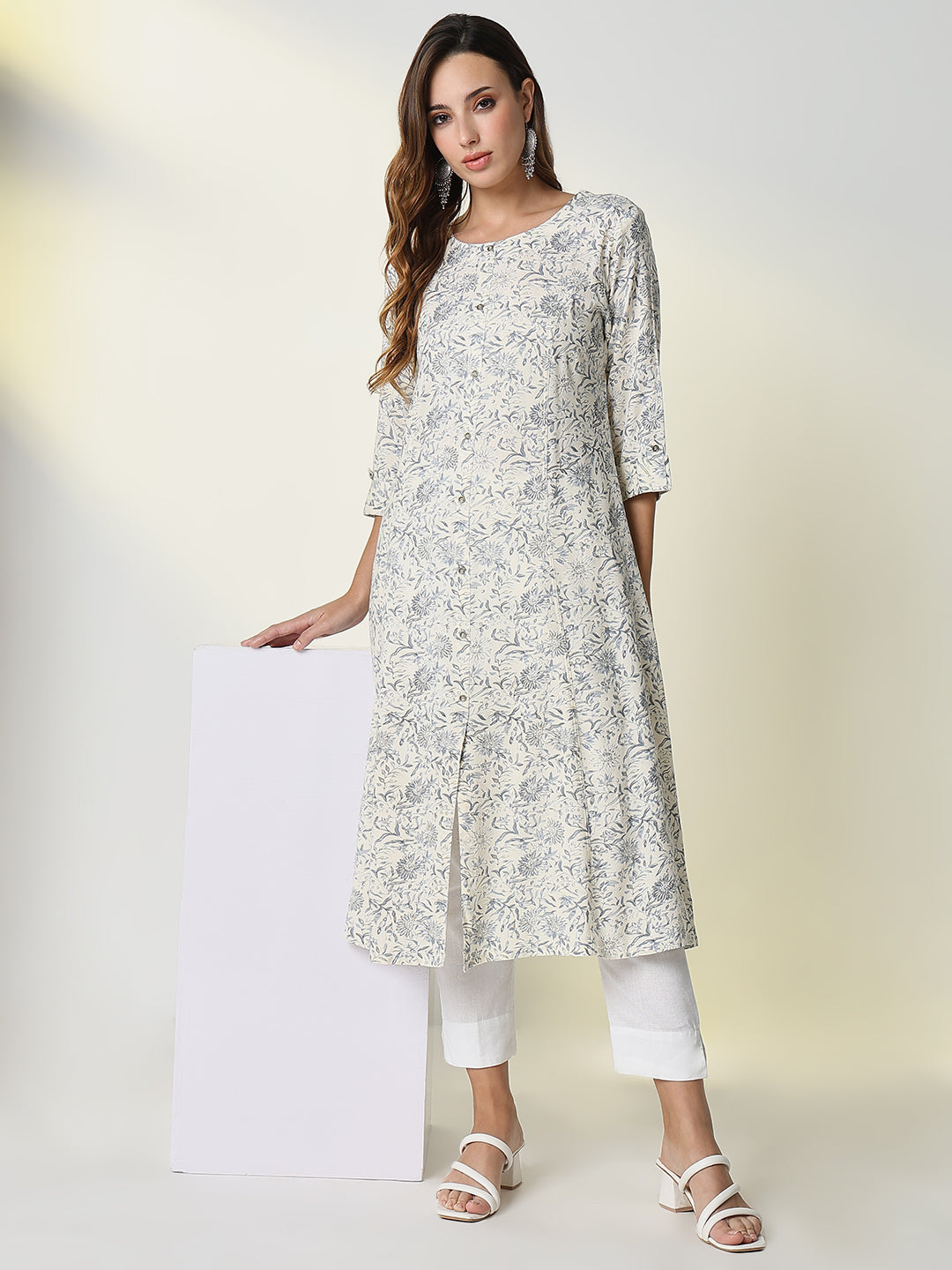 Women Cream Floral A-Line Kurta