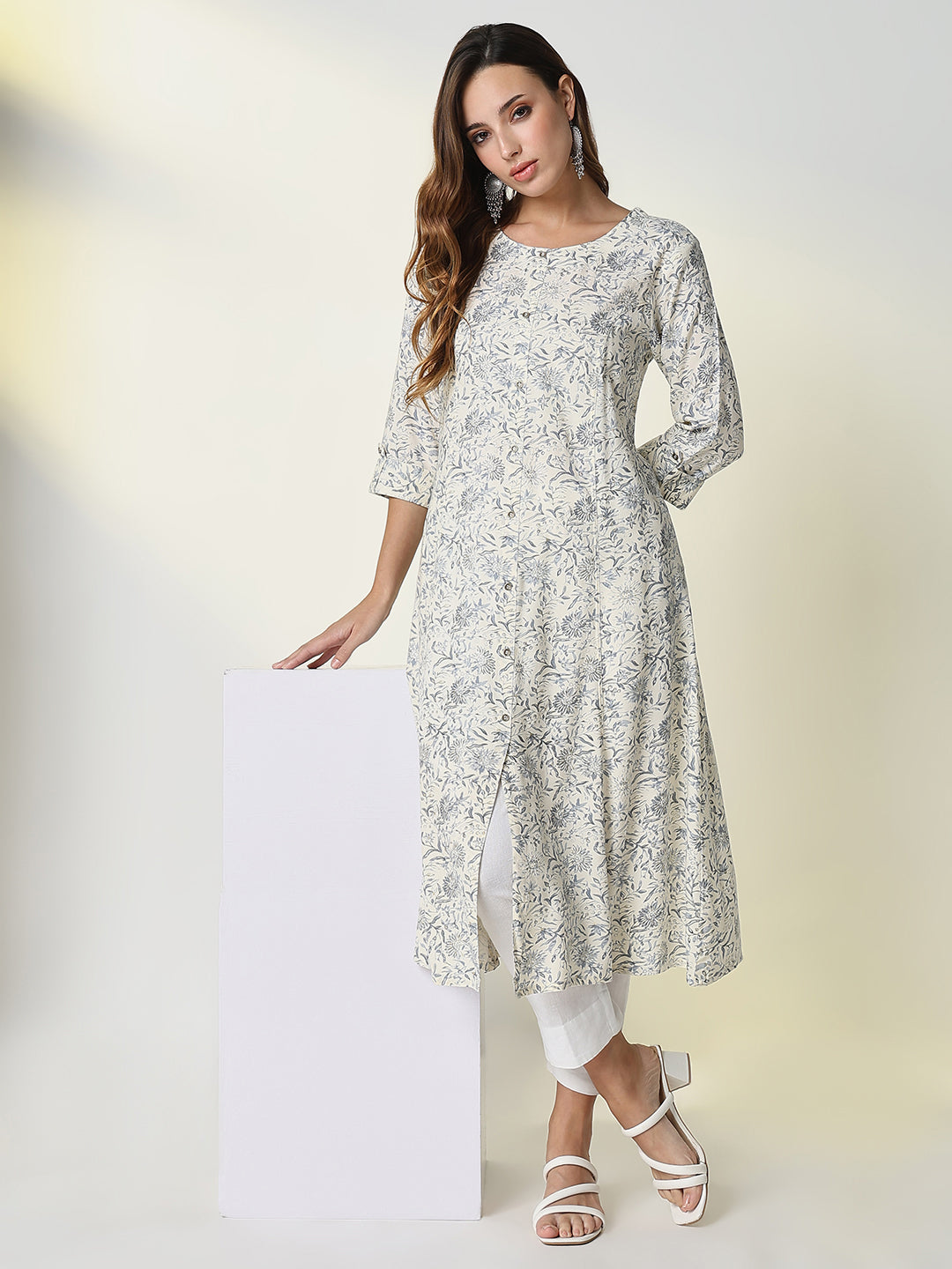 Women Cream Floral A-Line Kurta