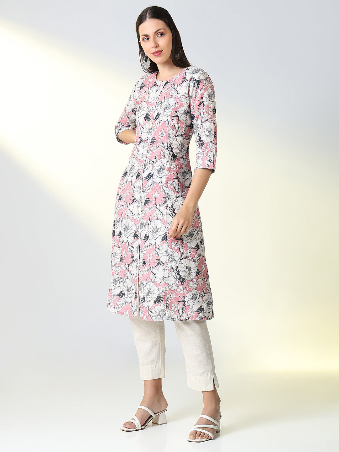 Women Pink Floral A Line Kurta