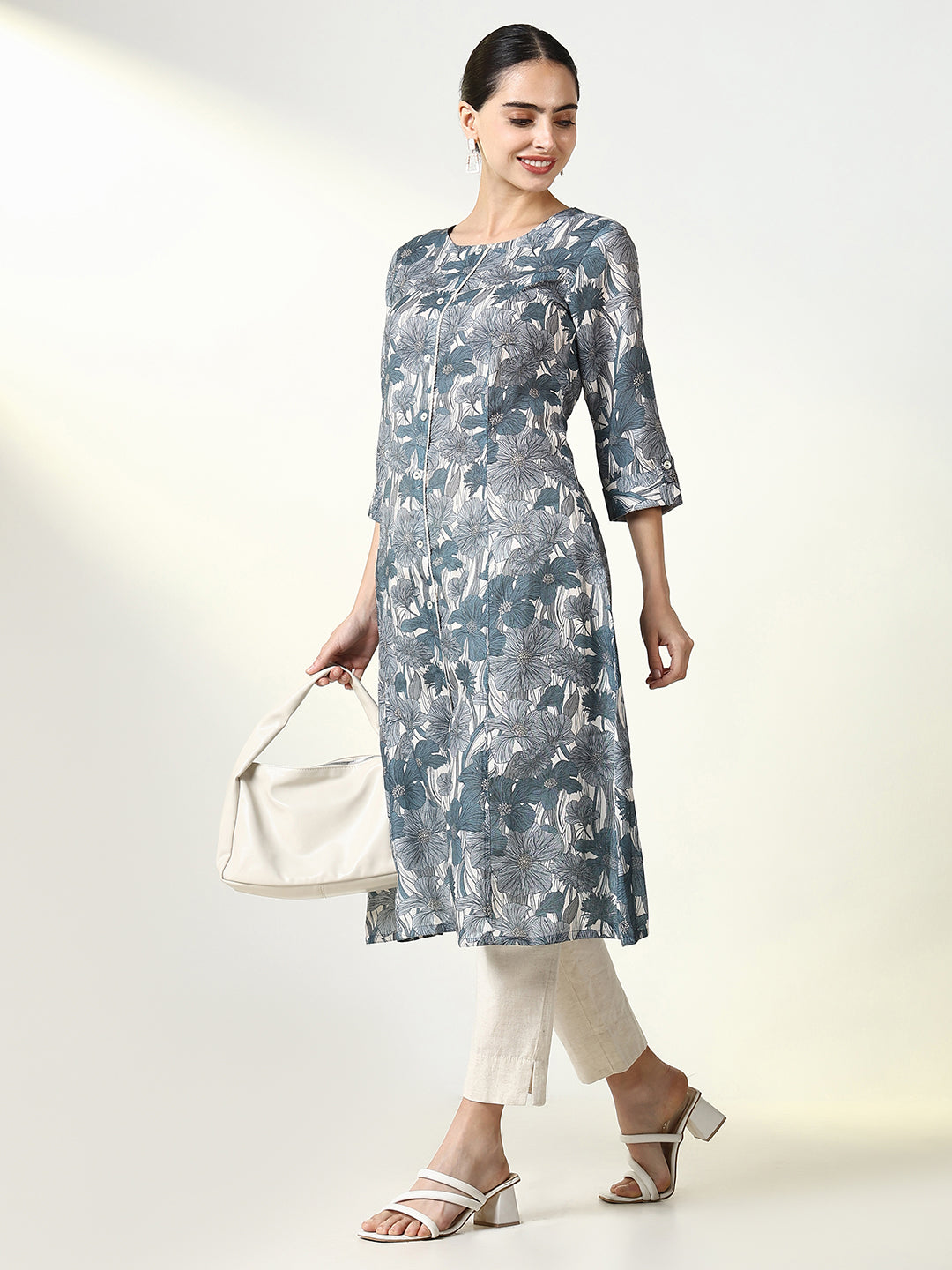 Women Grey Floral A Line Kurta