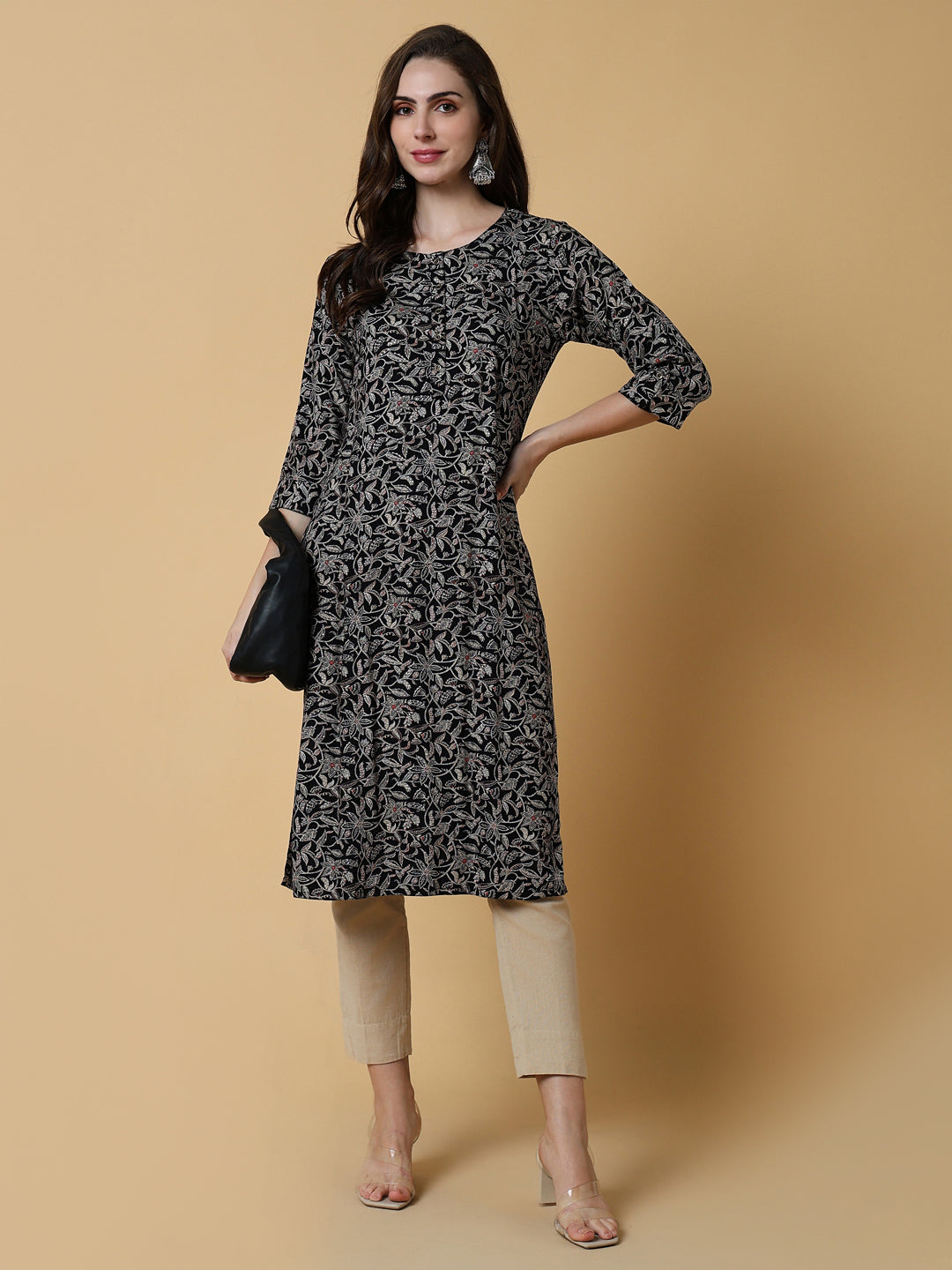 Women Black Graphic Straight Kurta