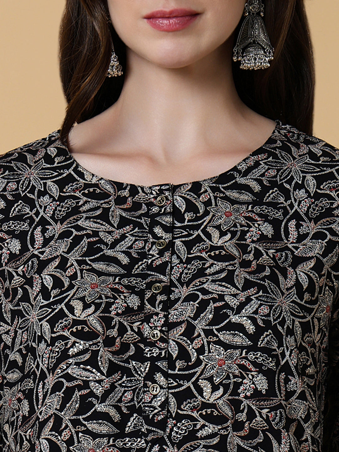 Women Black Graphic Straight Kurta