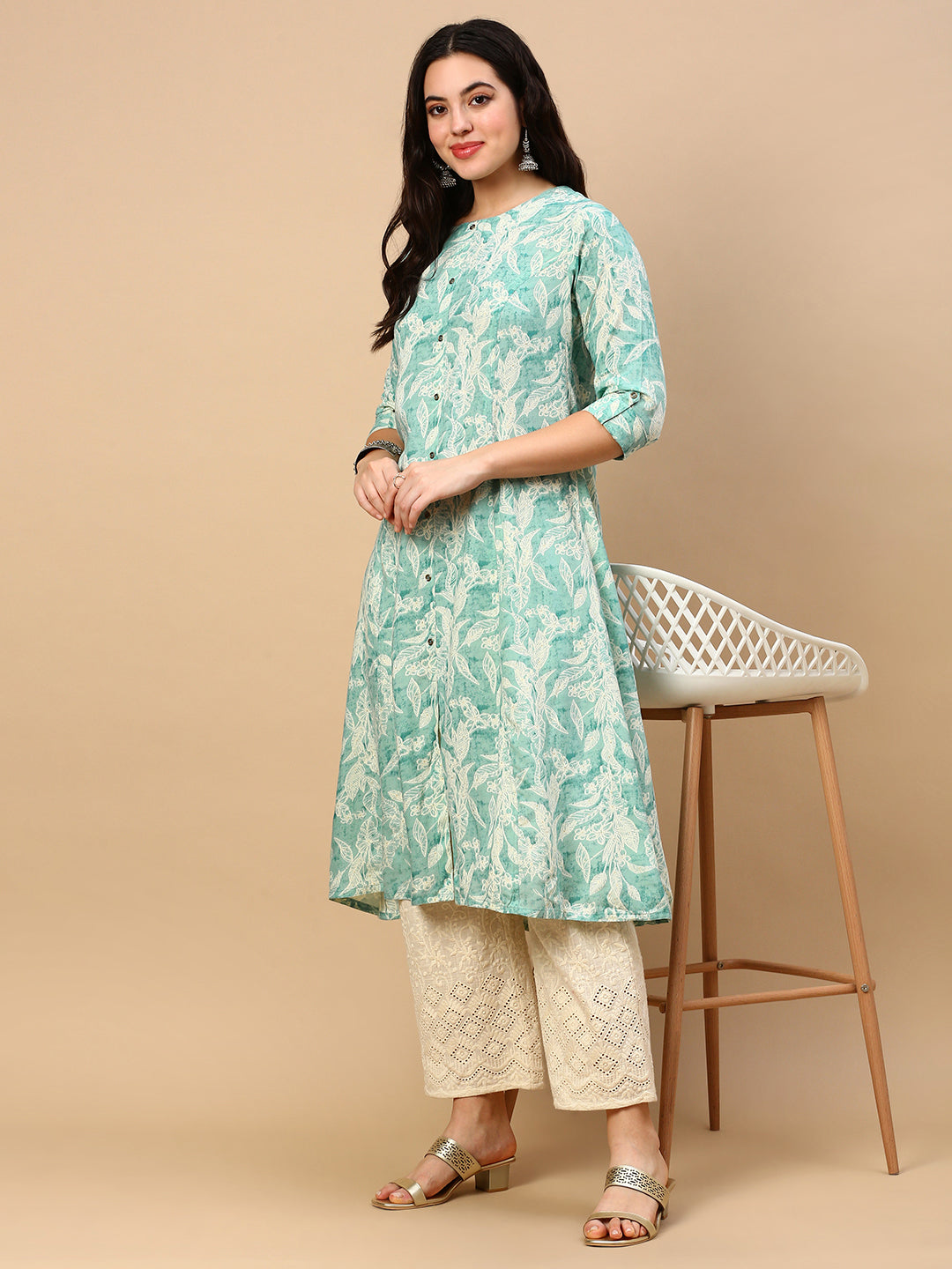 Women Green Floral A Line Kurta