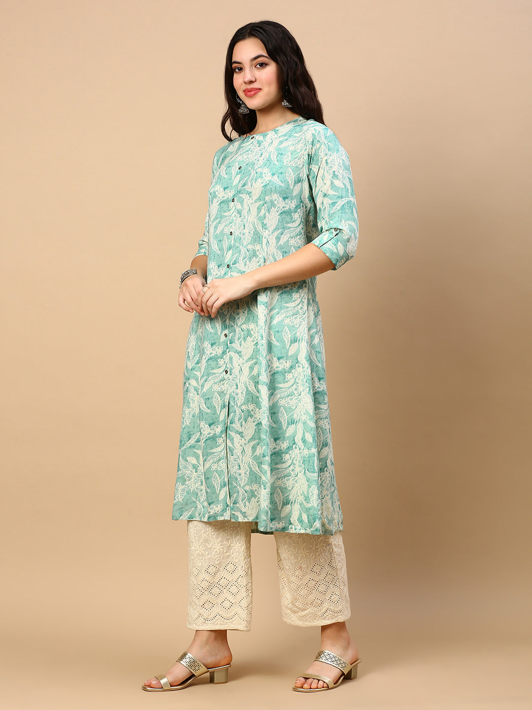 Women Green Floral A Line Kurta