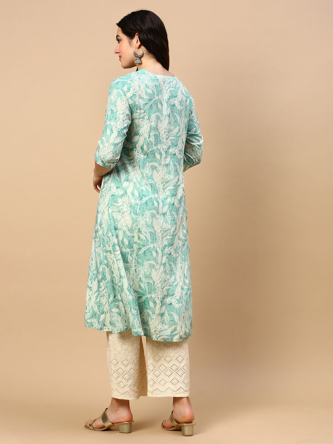 Women Green Floral A Line Kurta