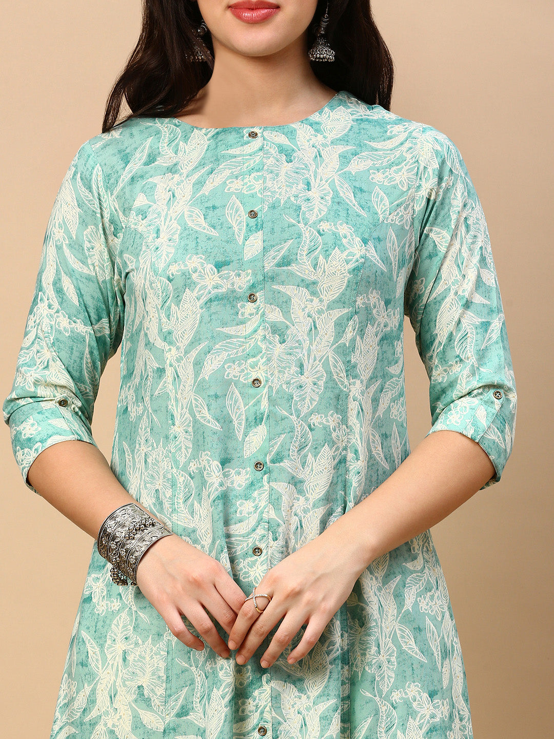 Women Green Floral A Line Kurta