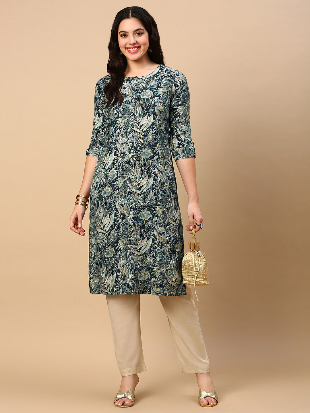 Women Green Floral Straight Kurta