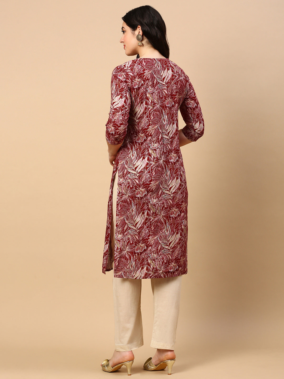 Women Red Floral Straight Kurta