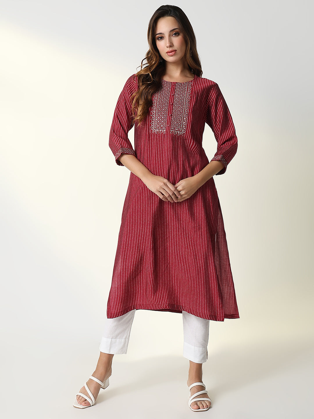 Women Red Bandhani Straight Kurta