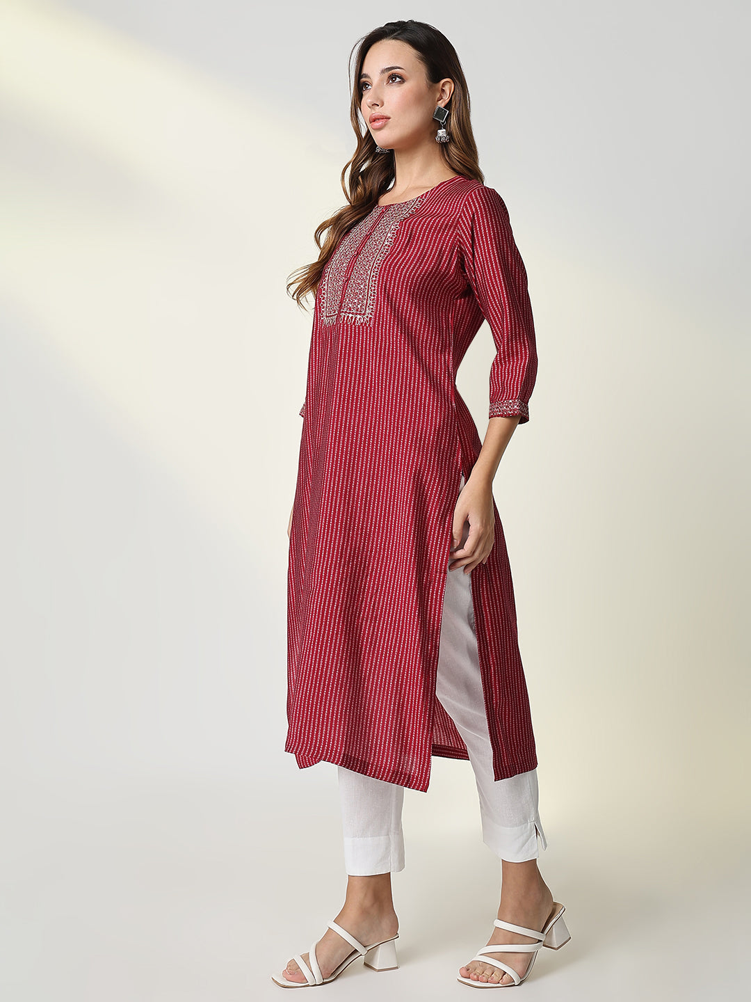 Women Red Bandhani Straight Kurta