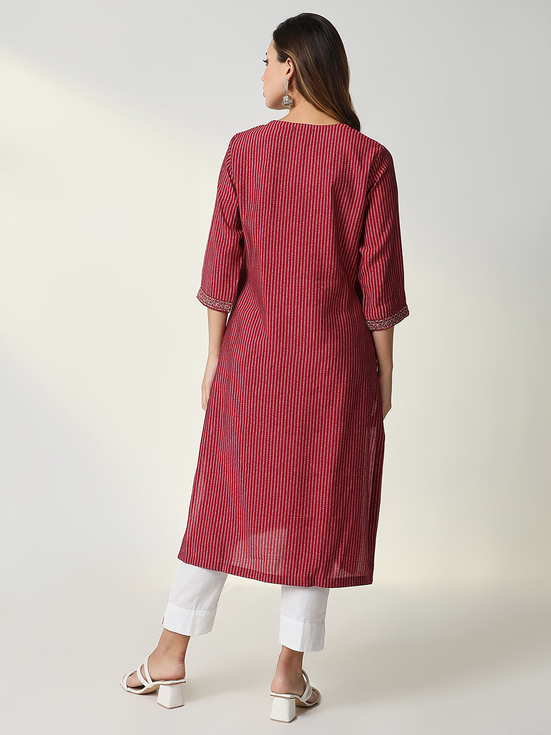 Women Red Bandhani Straight Kurta