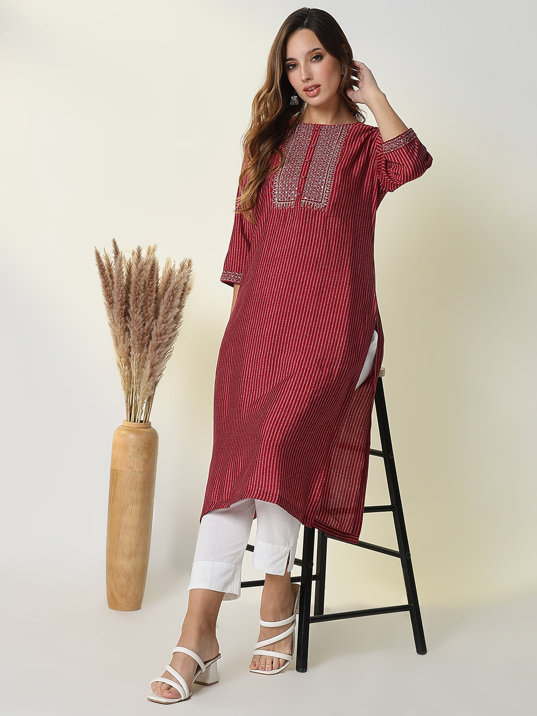 Women Red Bandhani Straight Kurta