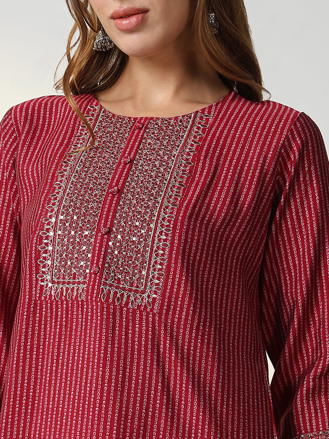 Women Red Bandhani Straight Kurta