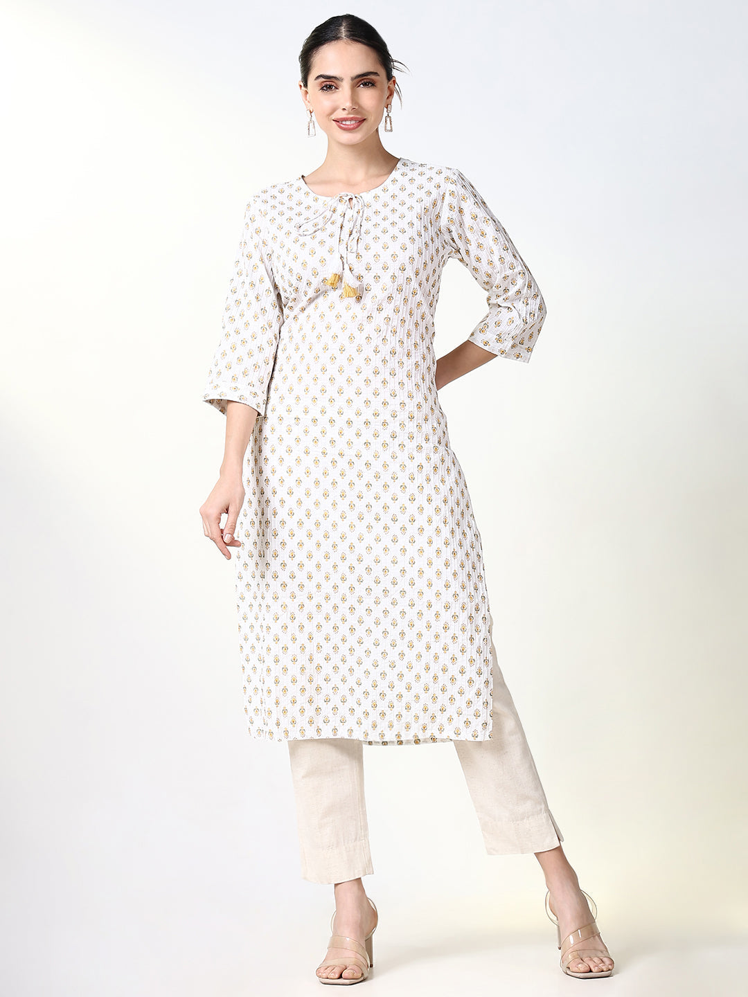 Women White Floral Straight Kurta