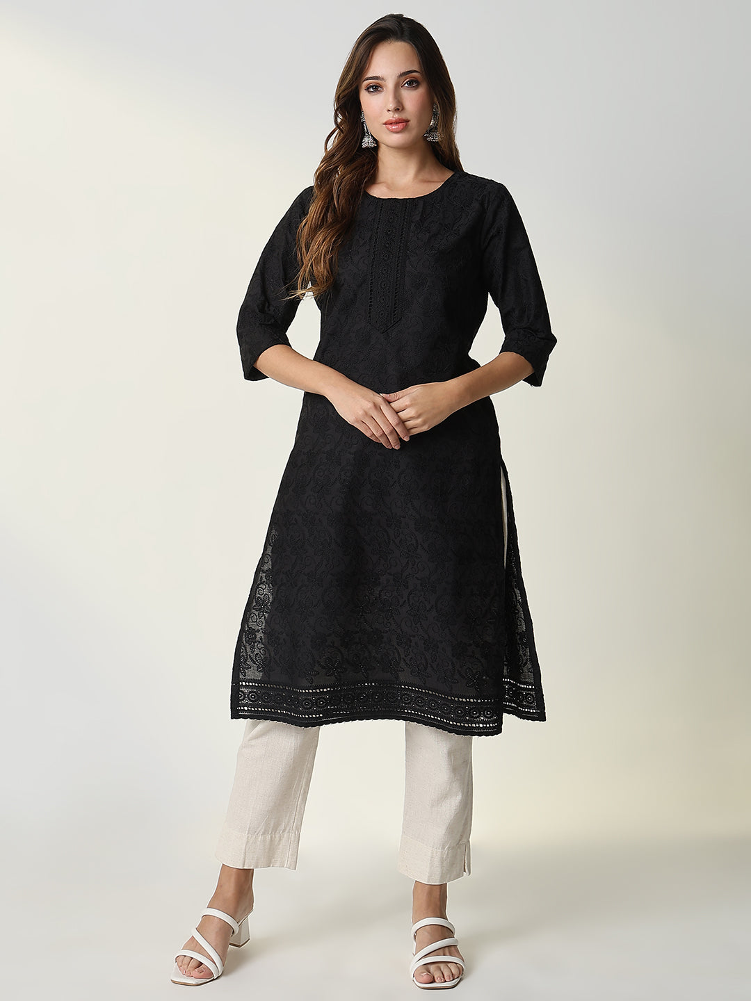 Women Black Embroidered Straight Kurta