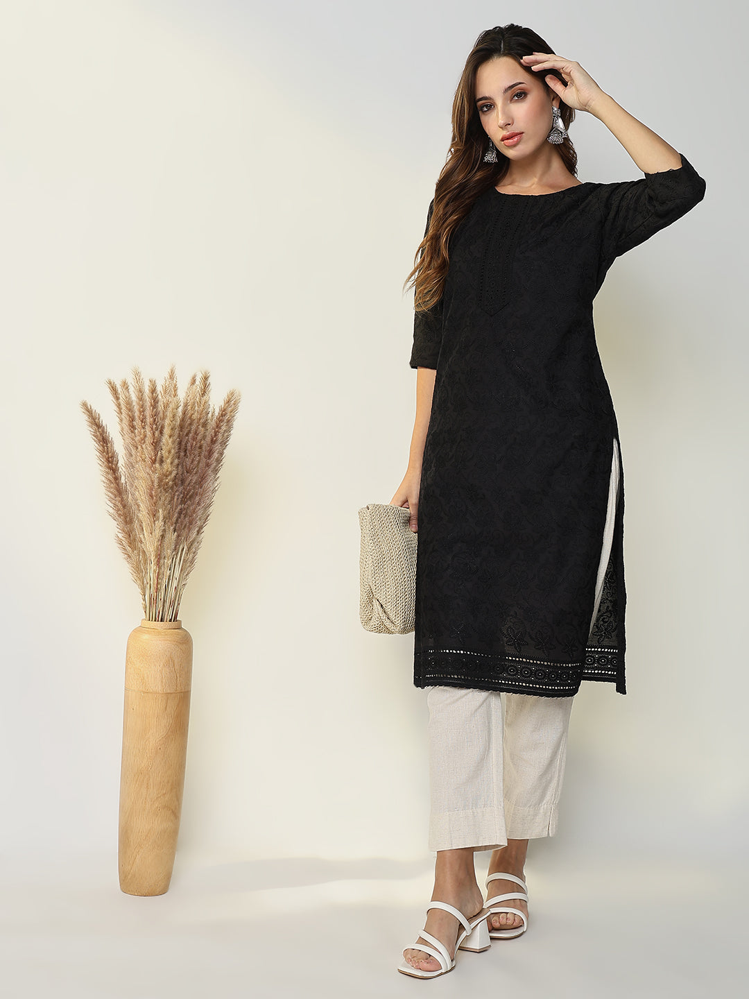 Women Black Embroidered Straight Kurta