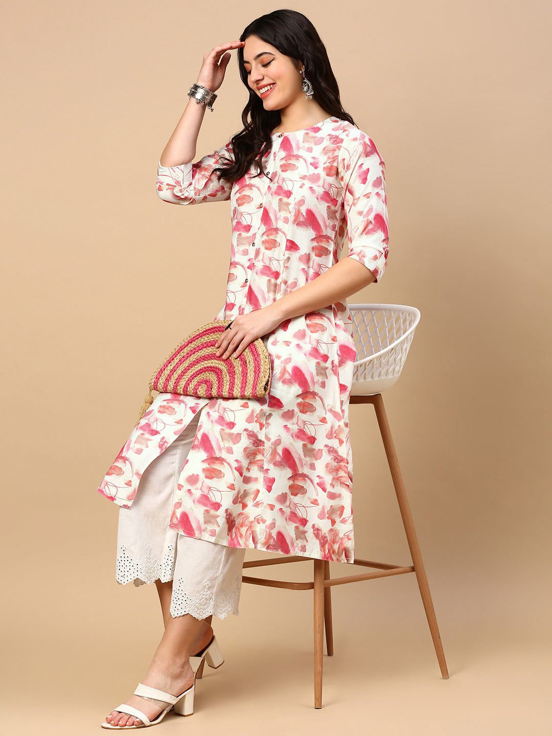 Women Pink Floral A Line Kurta