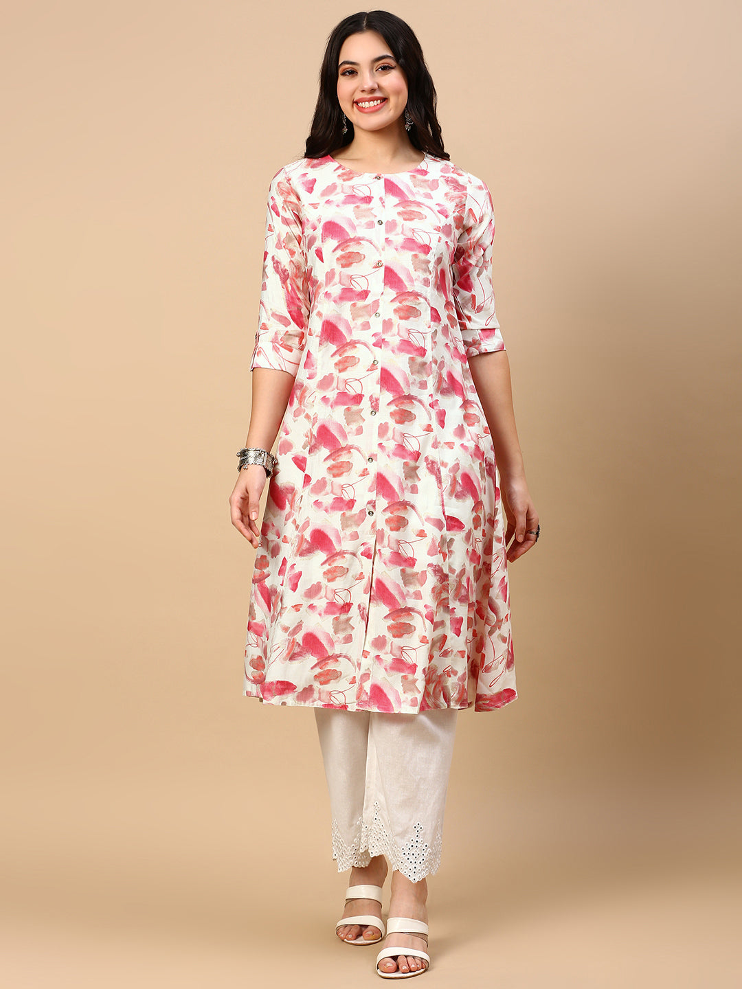 Women Pink Floral A Line Kurta