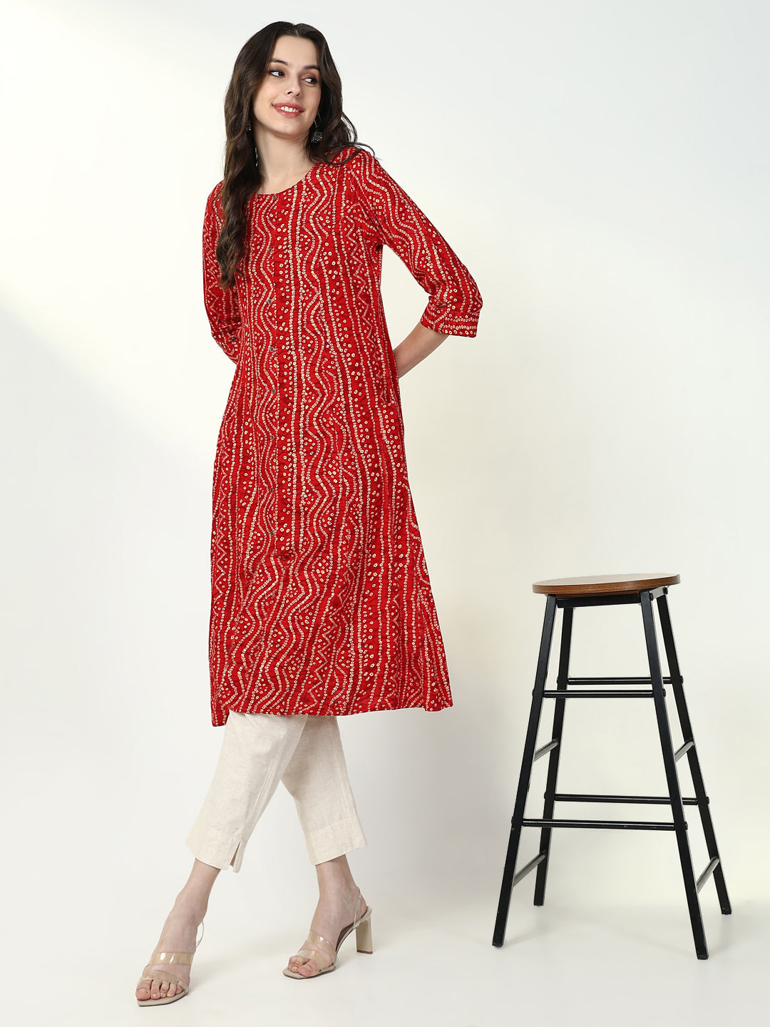 Women Red Bandhani A Line Kurta