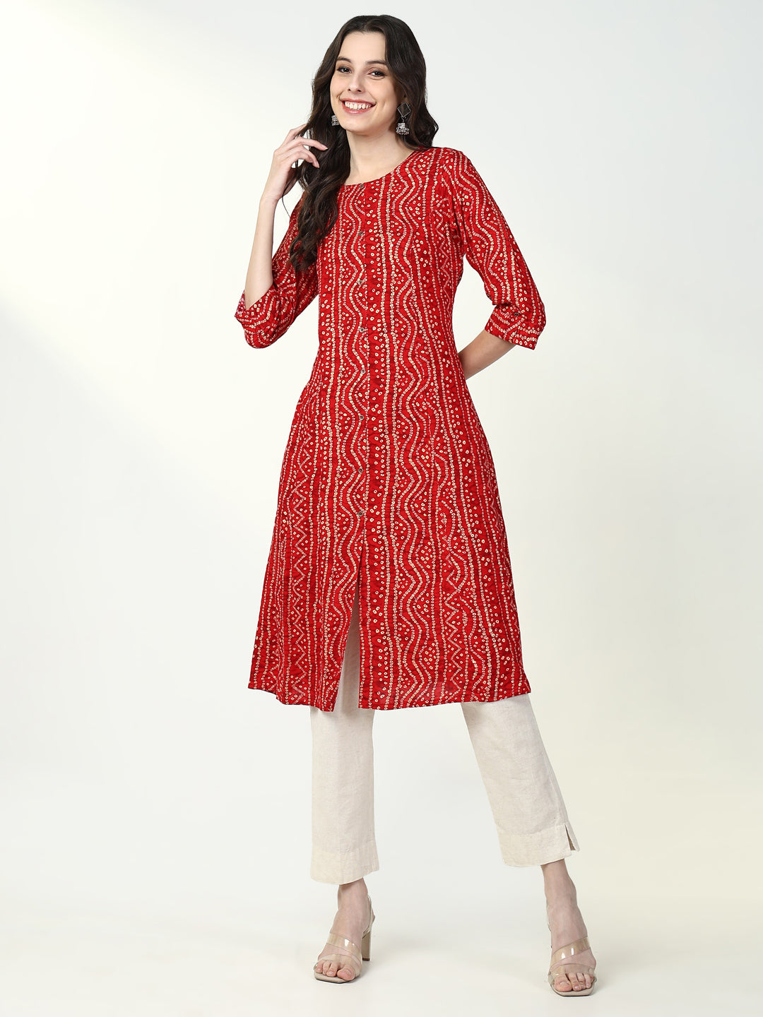 Women Red Bandhani A Line Kurta