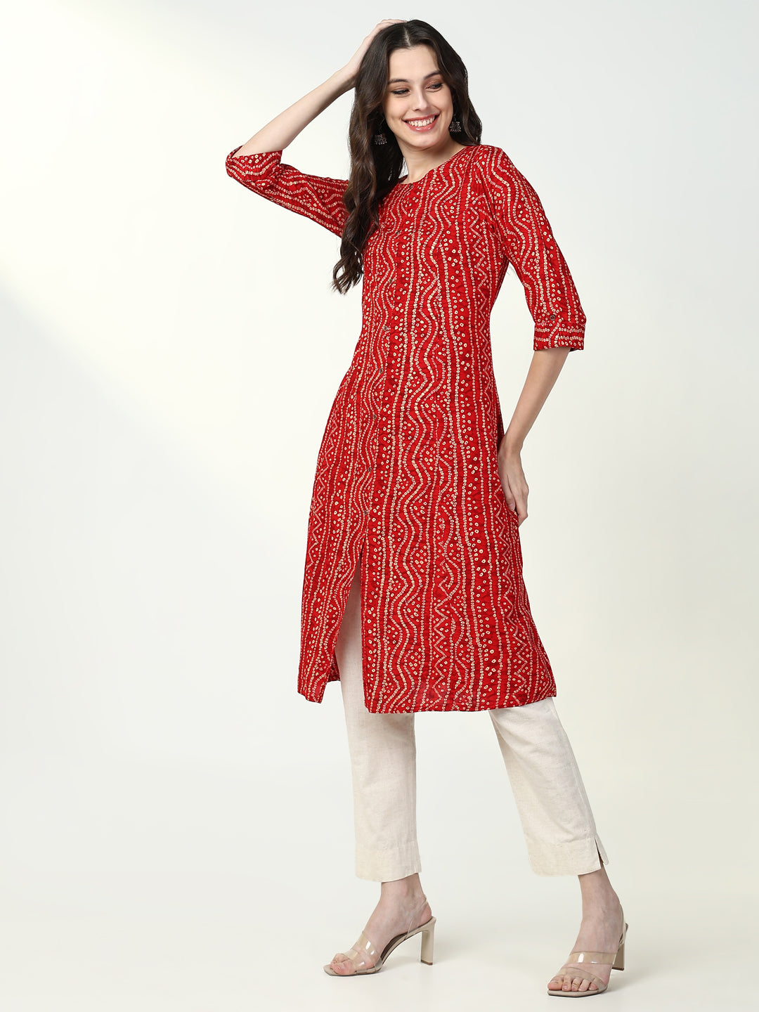 Women Red Bandhani A Line Kurta