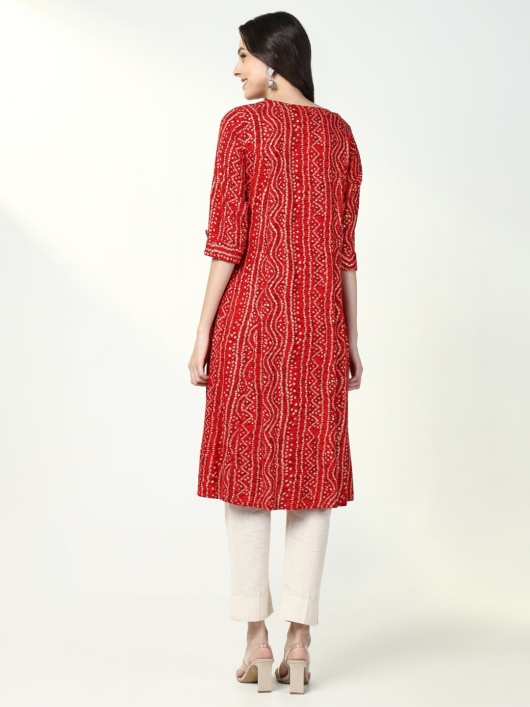 Women Red Bandhani A Line Kurta