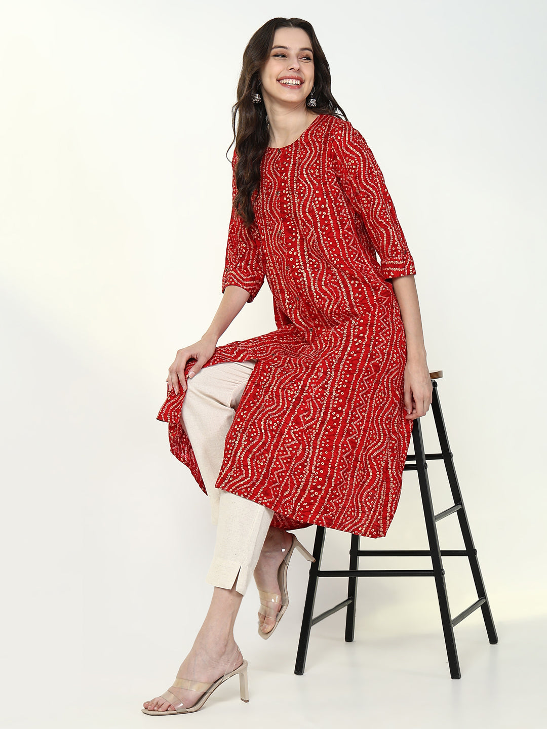 Women Red Bandhani A Line Kurta