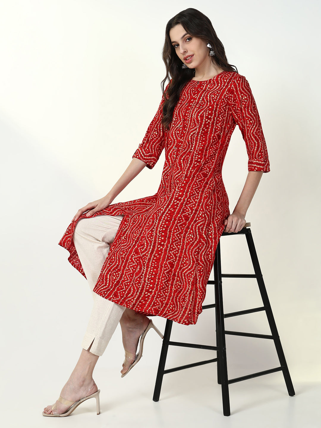 Women Red Bandhani A Line Kurta