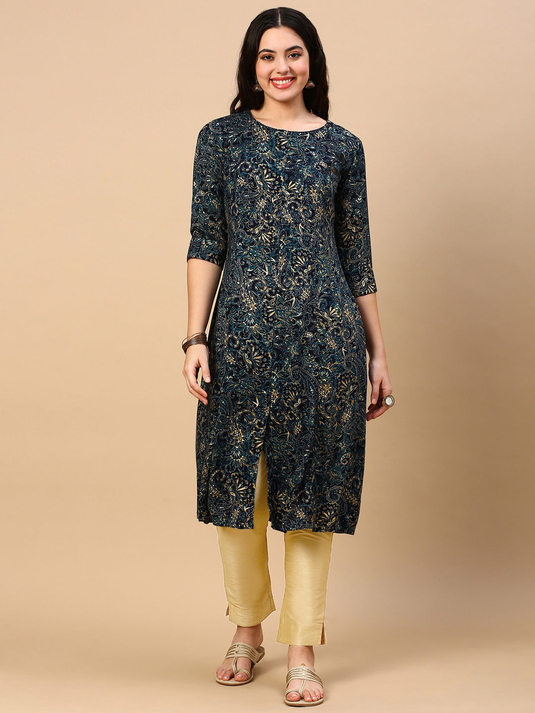 Women Teal Graphic A Line Kurta