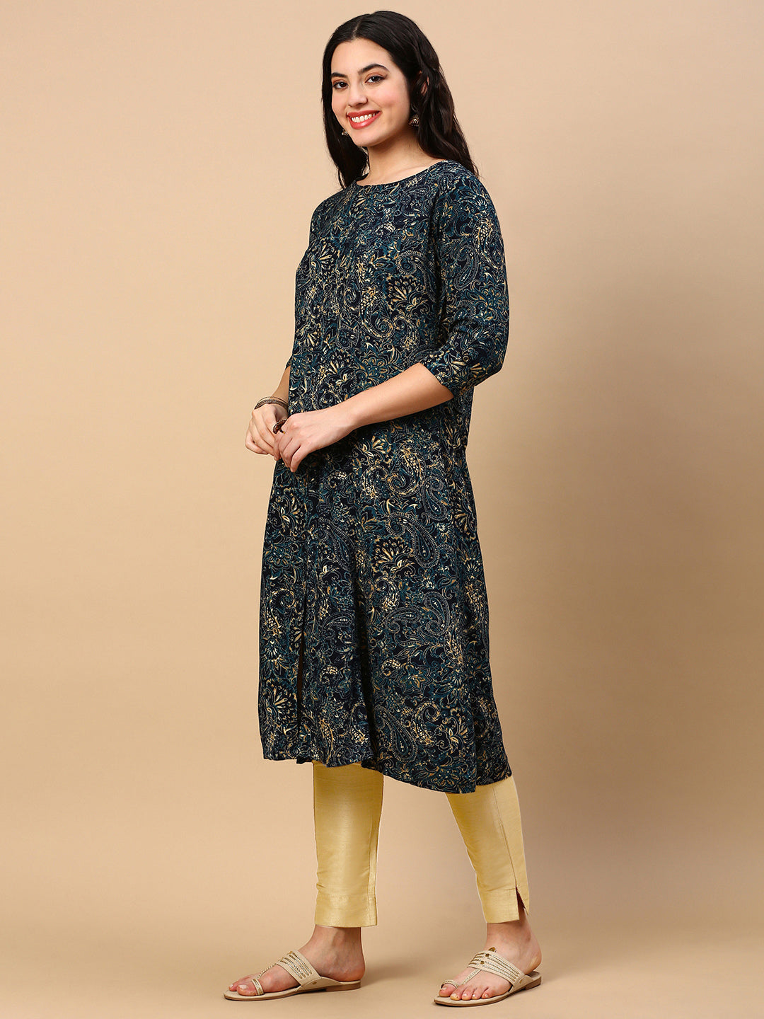 Women Teal Graphic A Line Kurta