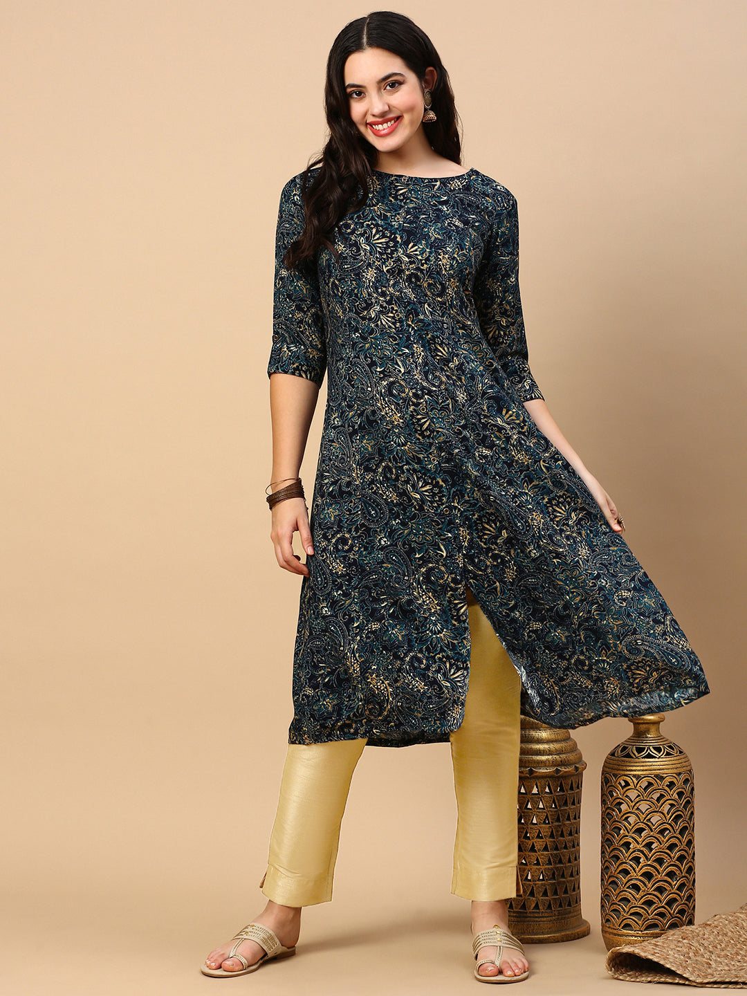 Women Teal Graphic A Line Kurta