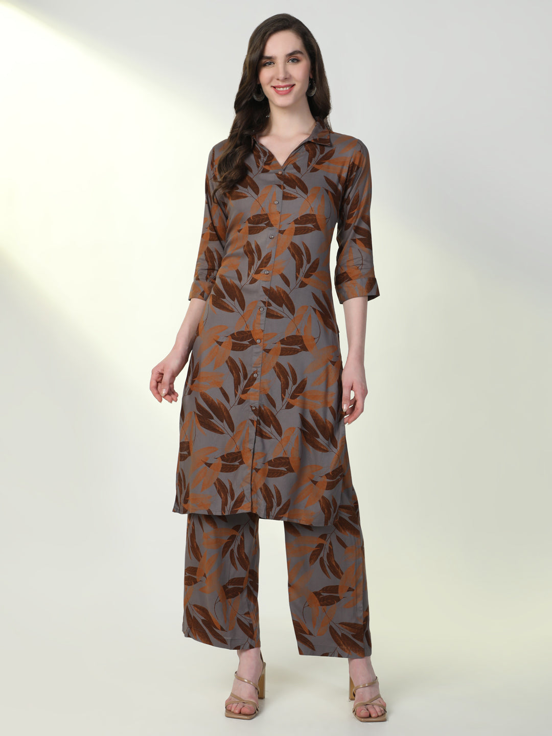 Women Brown Floral Straight Kurta Set